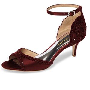 XYD Wine Rhinestones Ankle Strap Peep Toe Sandals